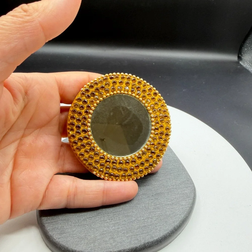 Gold & Amber Tone Rhinestone Round Pocket Purse Mirror Beaded Boho Vanity Decor